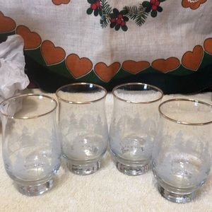 4 - Libbey SNOW COVERED TREES Gold Rim Christmas Glasses/Candle/Votive Holder